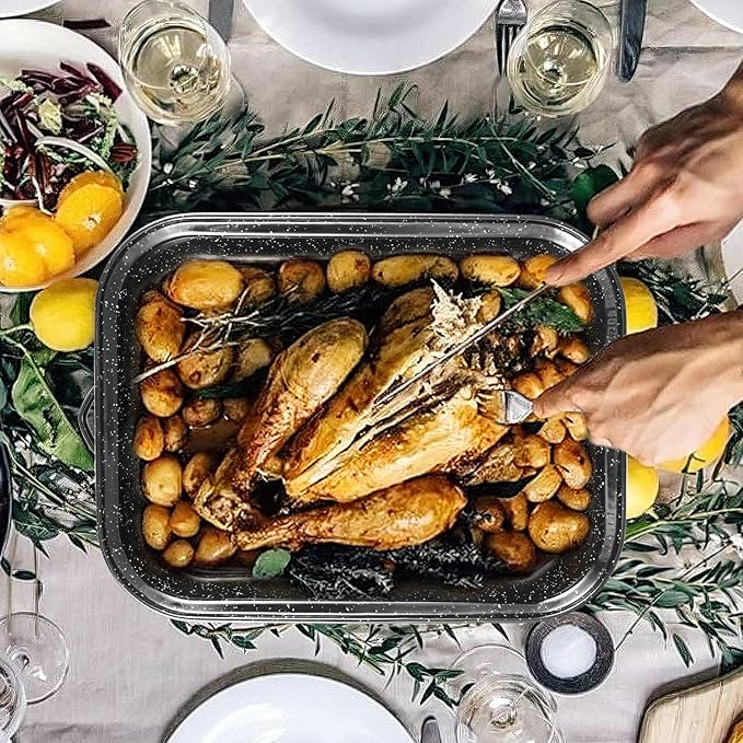 JY COOKMENT Roasting Pan With Lid and Rack, 21' Rectangular, 25lb Turkey Roaster Pot, Large Oven Roaster Tray, V-Rack and Versatile Lid Bone Turkey Baster