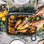 JY COOKMENT Roasting Pan With Lid and Rack, 21' Rectangular, 25lb Turkey Roaster Pot, Large Oven Roaster Tray, V-Rack and Versatile Lid Bone Turkey Baster