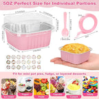 60 Pack Mini Cake Pans with Lids and Spoons, 5oz Square Aluminum Foil Loaf Pans Pink Small Cake Tins Disposable Baking Pans Dessert Cupcake Cups with Ribbon Decals for Wedding Birthday Party Picnics