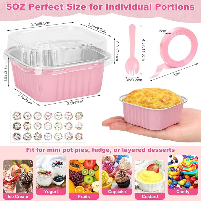 60 Pack Mini Cake Pans with Lids and Spoons, 5oz Square Aluminum Foil Loaf Pans Pink Small Cake Tins Disposable Baking Pans Dessert Cupcake Cups with Ribbon Decals for Wedding Birthday Party Picnics