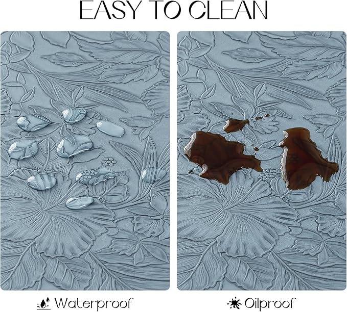 Romanstile Vinyl Placemats Set of 4-12 X 18 Inch - Heat Resistant Non-Slip Embossed Floral Place Mats 100% Waterproof Oilproof Wipeable Faux Leather Table Mats for Kitchen/Dining/Party, SkyBlue