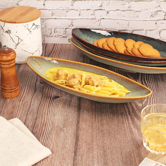Serving Platter Olives Plate Large Tray Set of 4, For Entertaining Porcelain Trays, Salad, Appetizer, Pasta,Microwave, ovens dishwashers Safe,Brown reactive glaze 15.4 Inch