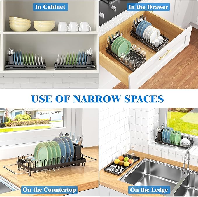 Small Dish Drying Rack Over The Sink, Compact Dish Rack with Silicone Mat for Kitchen Counter, Expandable Dish Drainers Drying Rack Used in Sink & on Countertop, Black