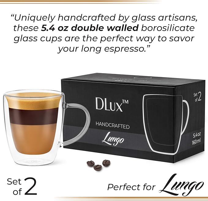 DLux Lungo 5.4oz Coffee Cups Double Wall, Clear Glass set of 2 Glasses with Handles, Insulated Borosilicate Glassware Tea Cup