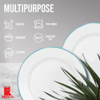 Red Co. Set of 4 Enamelware Metal Classic 10" Round Dinner Plate, Solid White/Teal Rim