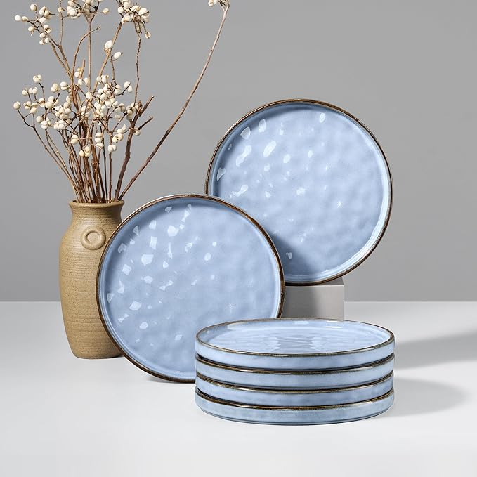 HaWare Stoneware Plates Set of 6, 7.9" Salad Plates, Reactive Glaze Ripple Ceramic Dish Set for Appetizer, Dessert, Scratch Resistant, Small Dinner Plate, Microwave and Dishwasher Safe, Reactive Blue
