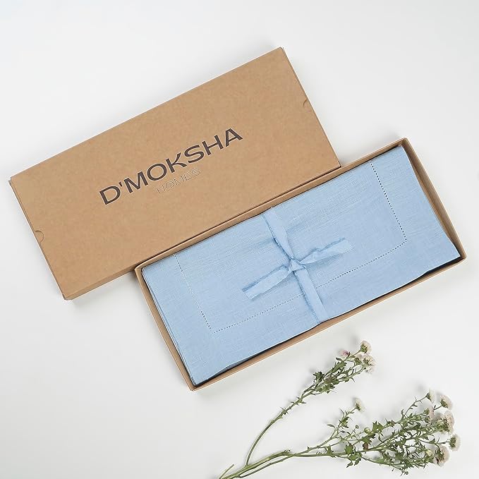 D'Moksha Homes Linen Powder Blue Table Runner 72 Inches Long - 100% Pure Linen Hemstitch Table Runner 14 x 72 Inch for Dresser, Dining, Summer, Fall and Halloween - Classic Hemstitch