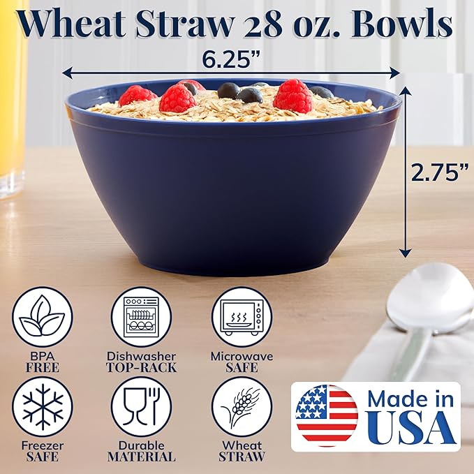 US Acrylic Wheat Straw Unbreakable 28 oz. Stackable Cereal Bowls for Snacks & Ice Cream in Assorted Colors (Set of 8) 6-inch Reusable, BPA-Free, Dishwasher Safe Dinnerware, Made in USA