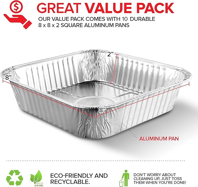 Stock Your Home 8x8 Foil Pans (10 Pack) 8 Inch Square Aluminum Pans - Foil Pans - Disposable Food Containers Great for Baking Cake, Cooking, Heating, Storing, Prepping Food