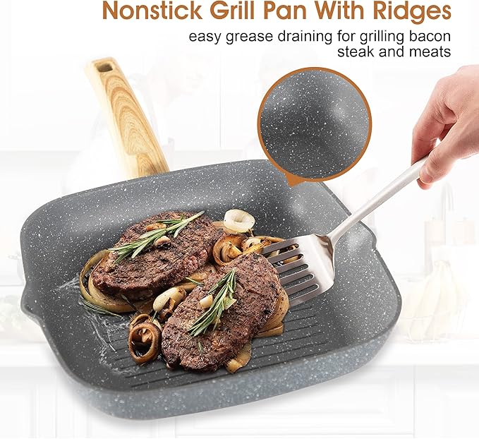 Kitchen Academy Induction Cookware & Bakeware Set - 30 Piece Grey Granite Cooking Pans Set, Non Toxic Pots and Pans Set Non Stick