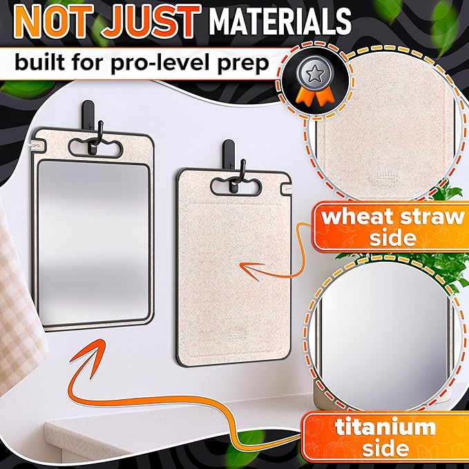 Titanium Cutting Board for Kitchen 14.3"x9.8" - Double Sided Metal Cutting Board Titanium GR1 for Meat & Wheat Straw PP for Fruits - Non-Slip, Built-in Knife Sharpener, Garlic Grater & Juice Grooves