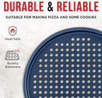 Bakken Pizza Baking Pan - Round Perforated Carbon Steel Pan with Non-Stick Marble Coating, Oversized Silicone Handle, Dishwasher Safe, High-Temperature Resistant, Durable & Easy Cleanup - Blue, 2 Pack