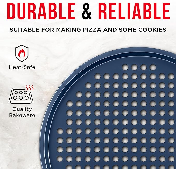 Bakken Pizza Baking Pan - Round Perforated Carbon Steel Pan with Non-Stick Marble Coating, Oversized Silicone Handle, Dishwasher Safe, High-Temperature Resistant, Durable & Easy Cleanup - Blue, 2 Pack
