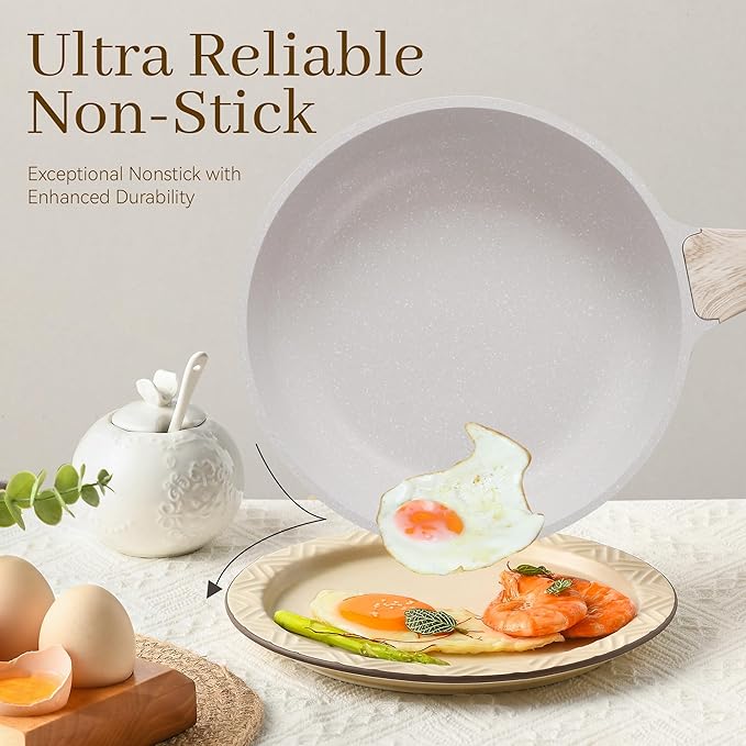 Pots and Pans Set Non Stick, 13Pcs Kitchen Cookware Sets, Granite Stone Induction Cookware Non Stick Cooking Set w/Frying Pans, Saucepans, Sauté Pan (PFOA Free), Cream White