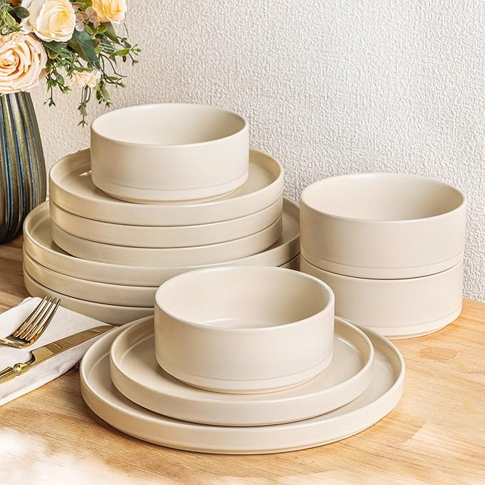 TheTerra Ceramic Dinnerware Sets for 4, 12 Pieces Handmade Reactive Glaze Plates and Bowls Set, Scratch Resistant Dish Set, Oven & Microwave & Dishwasher Safe, Matte White