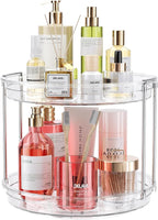 LAMU 10.6in Rotating Makeup Organizer for Vanity, 2 Tier Lazy Susan Turntable Stackable Spinning Skincare Organizer Cosmetic Perfume Tray for Bathroom Counter, Large Capacity, Clear