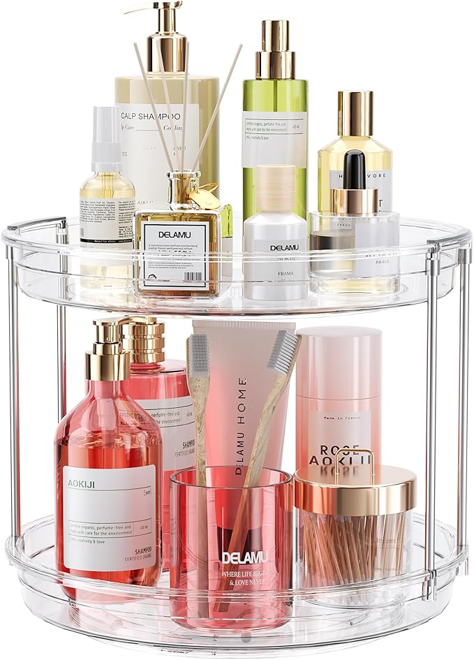 LAMU 10.6in Rotating Makeup Organizer for Vanity, 2 Tier Lazy Susan Turntable Stackable Spinning Skincare Organizer Cosmetic Perfume Tray for Bathroom Counter, Large Capacity, Clear