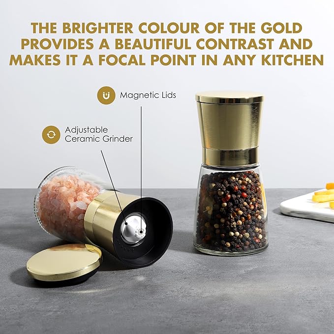 vzaahu Golden Salt and Pepper Grinders with Funnel, Brush - Adjustable Coarseness Shiny Gold Cap Seasalt Peppermill Set Refillable with Magnetic Lid, for Modern, Kitchen Decoration Gift