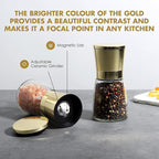 vzaahu Golden Salt and Pepper Grinders with Funnel, Brush - Adjustable Coarseness Shiny Gold Cap Seasalt Peppermill Set Refillable with Magnetic Lid, for Modern, Kitchen Decoration Gift