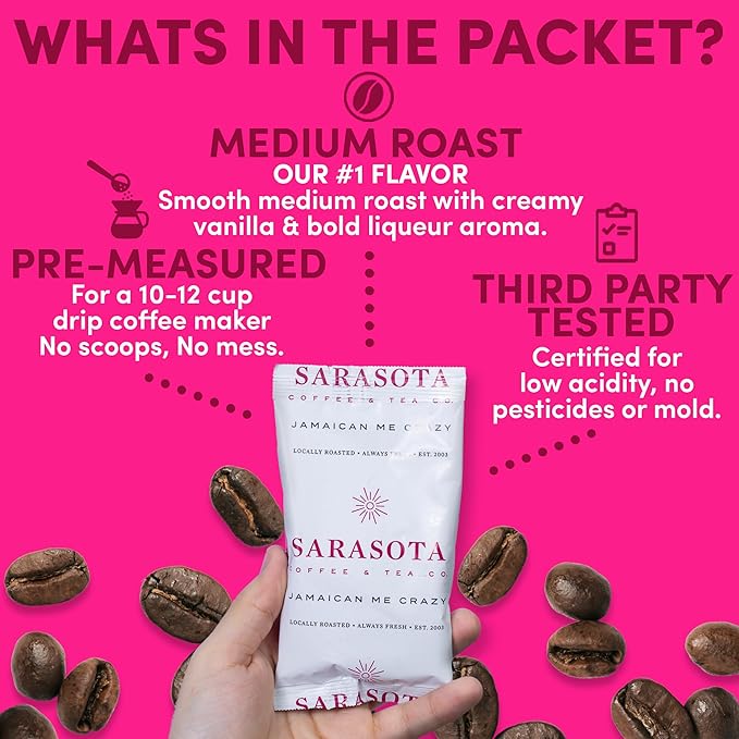 2.5oz Coffee Packs – Jamaican Me Crazy Flavored Medium Roast | Pre-Measured Ground Coffee for 12 Cup Drip Makers | Low Acid Mold-Free Single-Pot Pouches | 36 Count Bulk Pack – Sarasota Coffee
