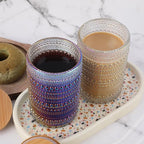 Vintage Drinking Glasses Set of 4 with Bamboo Lids, Textured Clear Striped Ribbed Glassware Set Cocktail Set Beaded Glass Cups Old Fashion Embossed Iced Coffee Cup for Beer, Beverage(16 oz), Rainbow