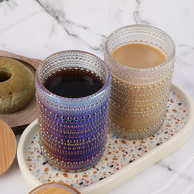 Vintage Drinking Glasses Set of 4 with Bamboo Lids, Textured Clear Striped Ribbed Glassware Set Cocktail Set Beaded Glass Cups Old Fashion Embossed Iced Coffee Cup for Beer, Beverage(16 oz), Rainbow