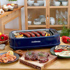 CUSIMAX Smokeless Grill, 1500W Electric Indoor Grill with LED Smart Display & Tempered Glass Lid, Non-stick Removable Plate, Blue