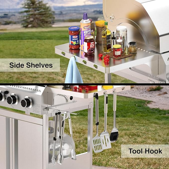 4-Burner Propane Gas Grill with 304 Stainless Steel Cooking Grid, Hanging Hooks/Heat-Resistant Handle, 32000BTU Stainless Steel Outdoor BBQ Grill with Portable Wheels for Camping/Patio/Backyard