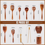 Wooden Spoons for Cooking Utensils, Natural Teak Wooden Cooking Spoons with Nonstick Spatula Set, Bamboo Kitchen Utensils With Holder, Wood Spoon Set for Kitchen Essentials (12)