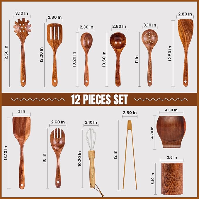 Wooden Spoons for Cooking Utensils, Natural Teak Wooden Cooking Spoons with Nonstick Spatula Set, Bamboo Kitchen Utensils With Holder, Wood Spoon Set for Kitchen Essentials (12)