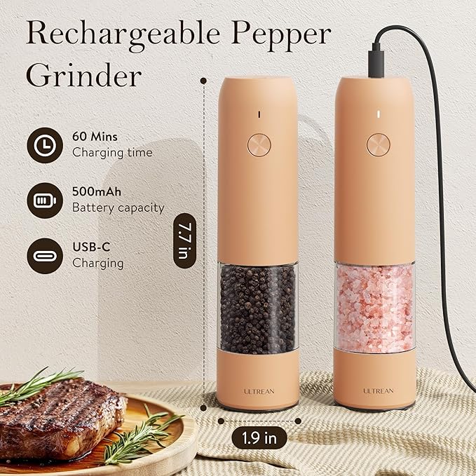 Ultrean Electric Pepper Grinder, Rechargeable Salt and Pepper Grinder with 6 Adjustable Coarseness, LED Light, One-Hand Automatic Operation, Light Orange
