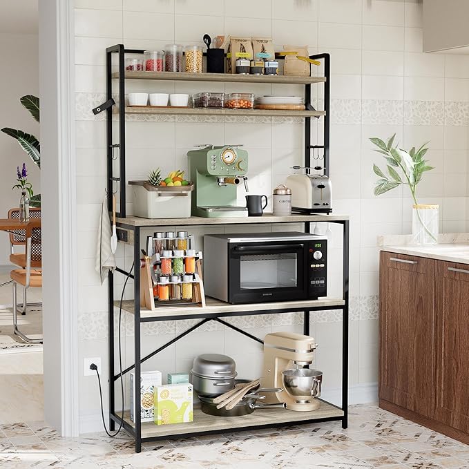 YESHOMY Kitchen Baker’s Rack with Power Outlet, 5-Tier Microwave Stand, Coffee Bar with 8 S-Shaped Hooks, Heavy Duty Storage Shelf Unit for Spices, Pots, Grey