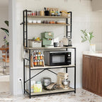 YESHOMY Kitchen Baker’s Rack with Power Outlet, 5-Tier Microwave Stand, Coffee Bar with 8 S-Shaped Hooks, Heavy Duty Storage Shelf Unit for Spices, Pots, Washed Gray