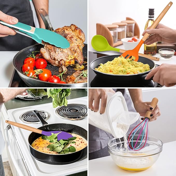 Kitchen Utensils Set of 12, E-far Silicone Cooking Utensils with Holder, Non-stick Cookware Friendly & Heat Resistant, Includes Spatula Tong Whisk Ladle Brush Slotted Turner Spoon(Multi-colored)