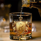 Personalized Whiskey Glass | Custom Golden 3D Initial Badge with Name | 10 oz Drinking Glass Customized Gifts for Man Bartender Whiskey Enthusiast