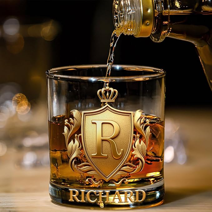 Personalized Whiskey Glass | Custom Golden 3D Initial Badge with Name | 10 oz Drinking Glass Customized Gifts for Man Bartender Whiskey Enthusiast