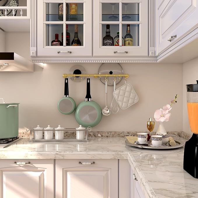 ROTHLEY Stainless Steel Hanging Pot Rack Hanger: 23.7 Inch Brass Pot and Pan Hanger Wall Mounted Hanging Pot Bar Rack Heavy Duty Pot Hangers Kitchen Rail with 8 S Hooks