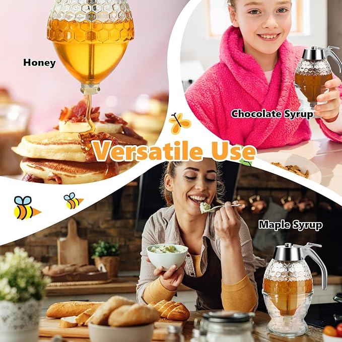 Honey Dispenser, Glass Honey Dispenser No Drip, Honey Pot with Stand, 8 oz Honey Jar, Maple Syrup Honey Container, Elegant Honeycomb Design for Home Decor for Any Occasion