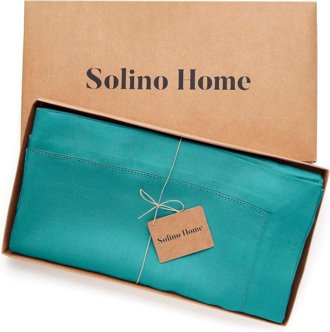 Solino Home Linen Tablecloth 60 x 156 Inch - Classic Hemstitch 100% Pure Linen Teal Table Cloth for Rectangle Tables - Machine Washable Tablecloth for Fall, Autumn