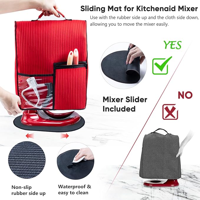 BAGSPRITE Stand Mixer Cover with Applicance Slider for KitchenAid 6/7/8 Quart Bowl Lift Mixers – Kitchen Appliance Dust Cover with Pockets for Kitchen Aid Accessories and Attachments