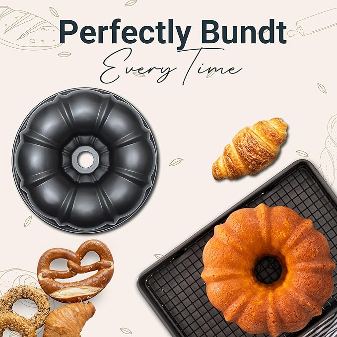 Carbon Steel 10 Inch Tube Pan - Heavy Duty Round Fluted Cake Pans with Nonstick Coating for Baking Cakes, Pound Cakes, 12 Cups