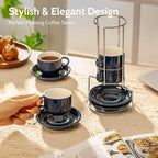 Sweese 4 Ounce Porcelain Stackable Espresso Cups with Saucers and Metal Stand Set of 4, Navy