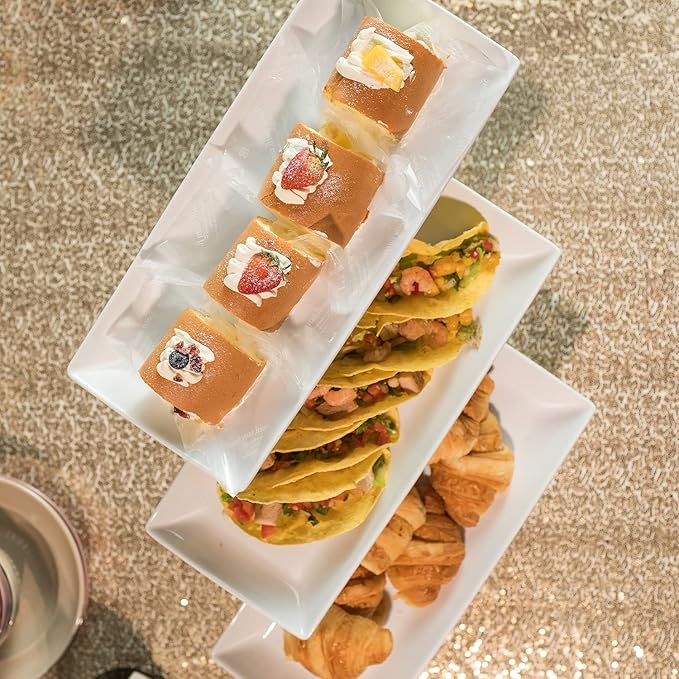 Gomakren 3 Tier Serving Stand with Porcelain Serving Platter Tray - Collapsible Gold Stand with 3 Piece Large14 Inch White Plates for Food Presentation Dessert Server Display and Entertaining