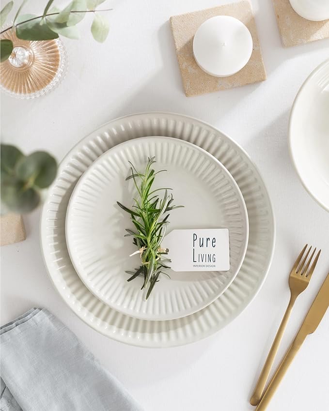 Stoneware Dinnerware Set for 4 People HYGGE 12-Piece - Elegant Scandi Design - Premium Dish Set - Bowl and Plate Set - Tableware for 4 People in a Ribbed Design - Pure Living in Beige