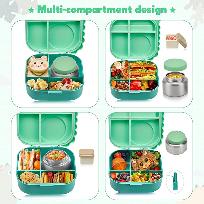 Bento Lunch Box with Thermo, 4-Compartment Bento Box with Adjustable Dividers, Leakproof Dinosaur Lunch Box with 14.2OZ Insulated Food Jar & Sauce Jar, for School Office Travel(Green)