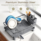 Dish Drying Rack - Small Dish Rack for Kitchen Counter, Stainless Steel Dish Drainer with Utensil Holder and Drainboard (Grey)