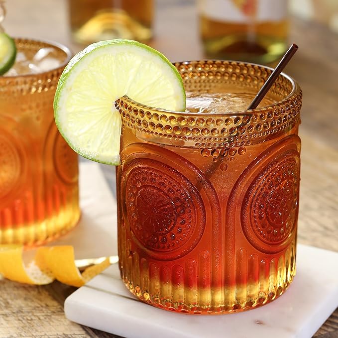 Kate Aspen Vintage Amber Drinking Glasses Set of 6 10 oz Ribbed Glassware for Drinking Water, Juice, Cocktail Glasses - Ribbed Glass Cups Set, Iced Coffee Cup, Kitchen Drinkware or Home Bar