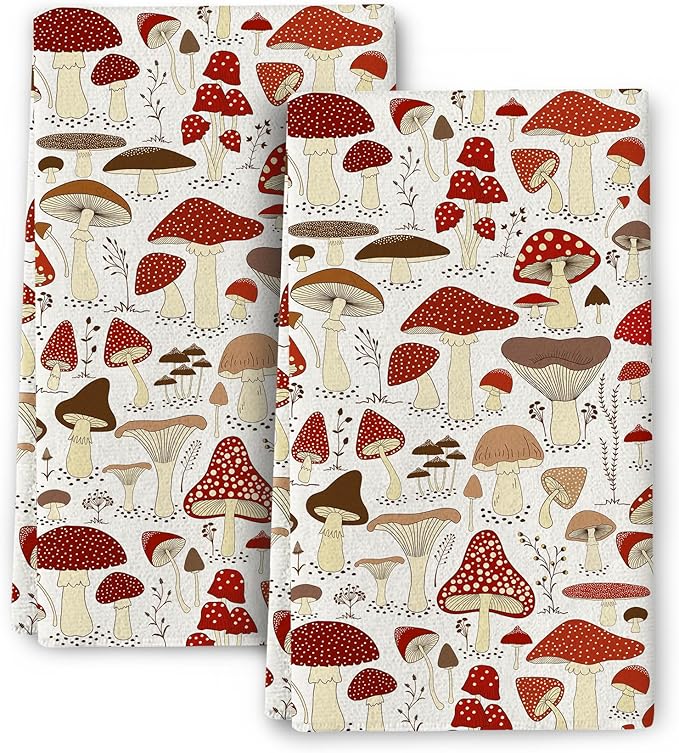 Mushroom Dish Towels for Drying Dishes, Absorbent Decorative Kitchen Towels, Cute Hand Towels Tea Tewels for Kitchen Baking Bar Bathroom Decoration,Mushroom Gifts for Women