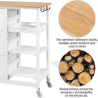 Yaheetech Kitchen Island Cart on Wheels with Bamboo Countertop, Rolling Serving Utility Trolley Cart with 3 Drawers, 3 Removable Shelves & Lockable Casters, Storage Cabinet for Dining Room, Bar, White