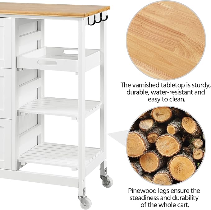 Yaheetech Kitchen Island Cart on Wheels with Bamboo Countertop, Rolling Serving Utility Trolley Cart with 3 Drawers, 3 Removable Shelves & Lockable Casters, Storage Cabinet for Dining Room, Bar, White